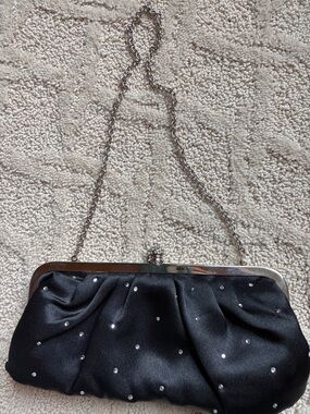 Black Satin Evening Clutch with Chain Strap
